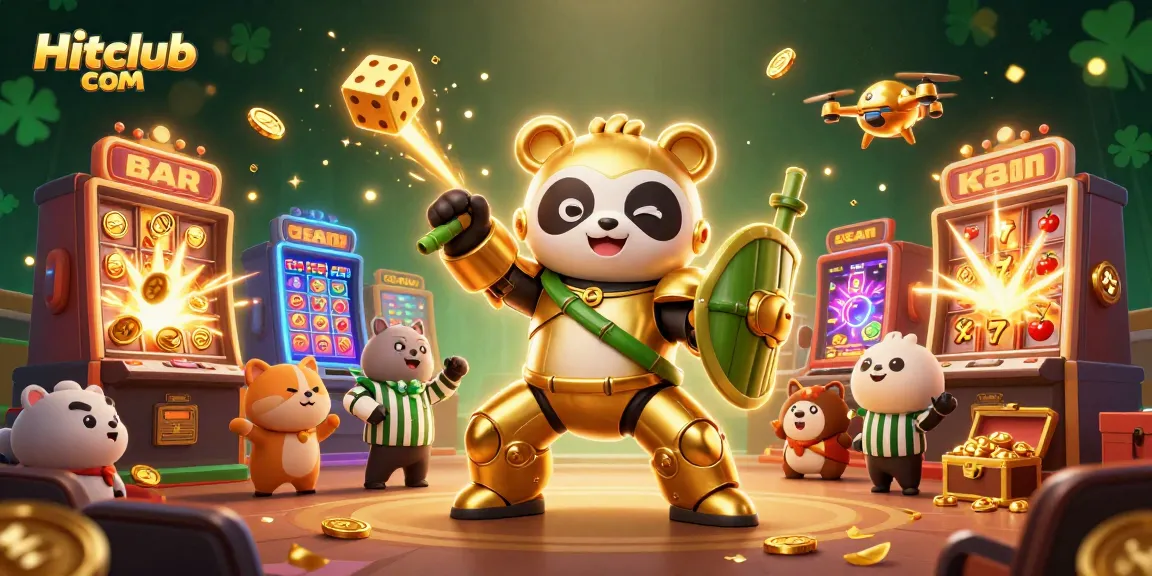 Experience excitement at Hitclub com with a golden panda piloting a robot in a lively casino scene.