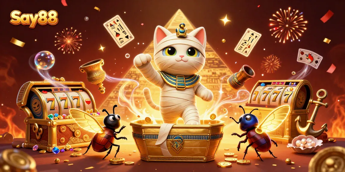 Experience the excitement of Say88 as cartoon characters celebrate amidst gaming treasures and vibrant casino elements.