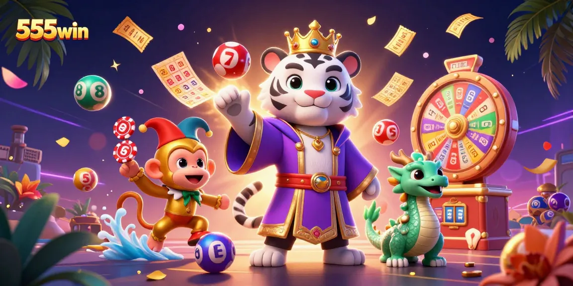 Engaging with 555win's vibrant lottery game, a white tiger, monkey, and jade dragon bring excitement to players.