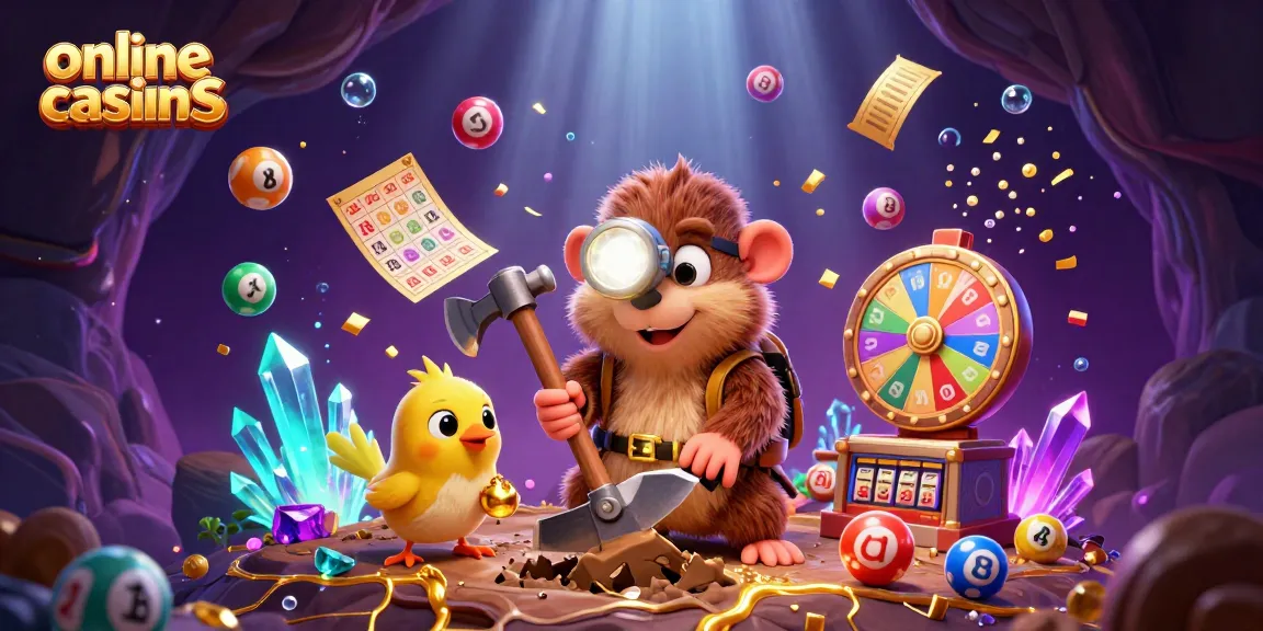 Experience vibrant action in online casinos with a cartoon treasure hunter blasting through a cave filled with gems and lottery excitement.