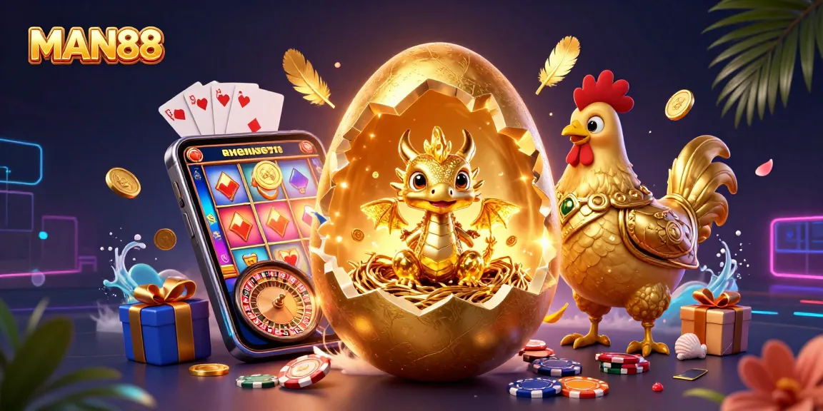 Bet on MAN88 as a colossal golden egg reveals a golden dragon amidst poker chips and casino elements.