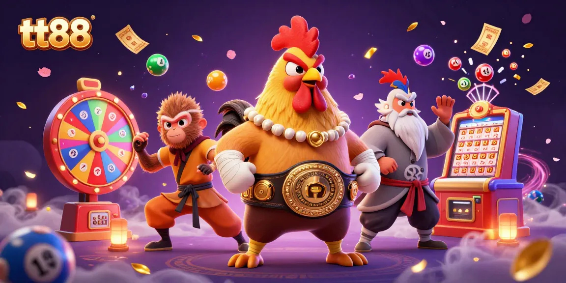 Experience the excitement of tt88 with vibrant lottery elements and dynamic gaming characters.