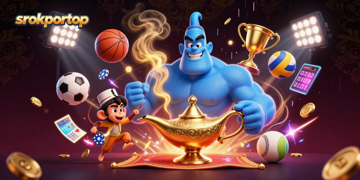 Srokportop showcases a dynamic scene with a blue genie, monkey, and magic carpet, highlighting energetic gambling action.