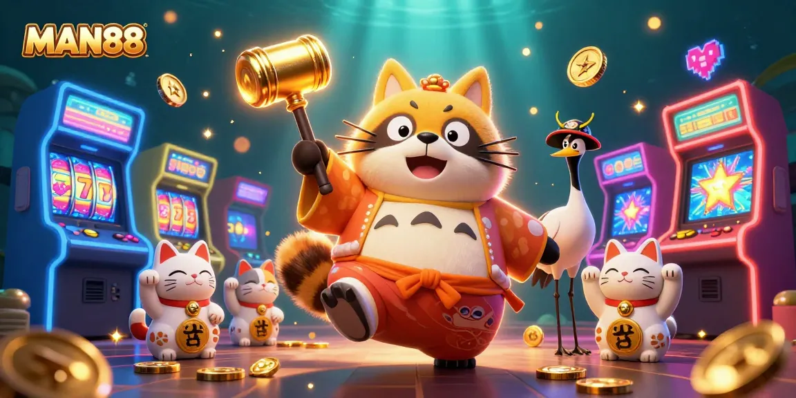 Experience the thrill of MAN88 with a joyful tanuki, samurai, and casino elements.