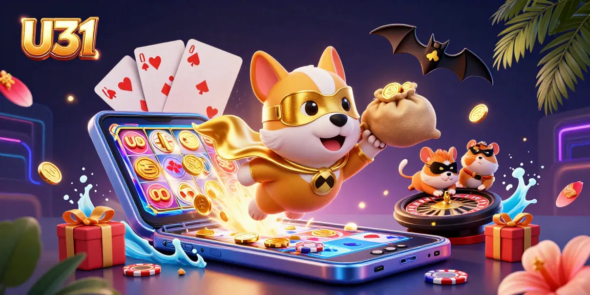 U31 casino promotion with superhero dog and hamster surrounded by slots and poker elements.