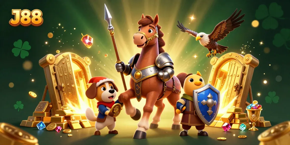 The J88 casino adventure features a knight, puppy, and falcon amidst treasure.