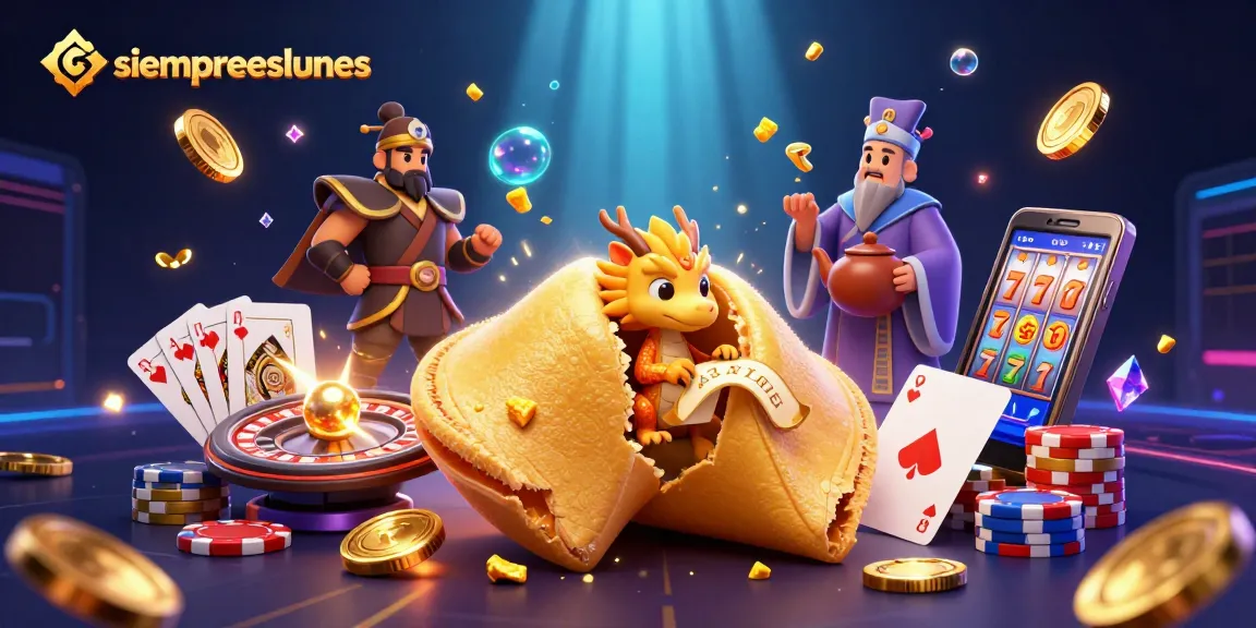 Engage with siempreeslunes in a vibrant 3D casino scene featuring a golden cookie, dragon, and dynamic gaming elements.