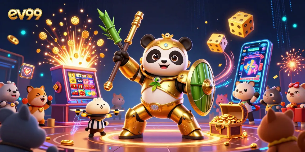 ev99 players celebrating wins in a colorful casino scene with dynamic slot machines and glowing elements