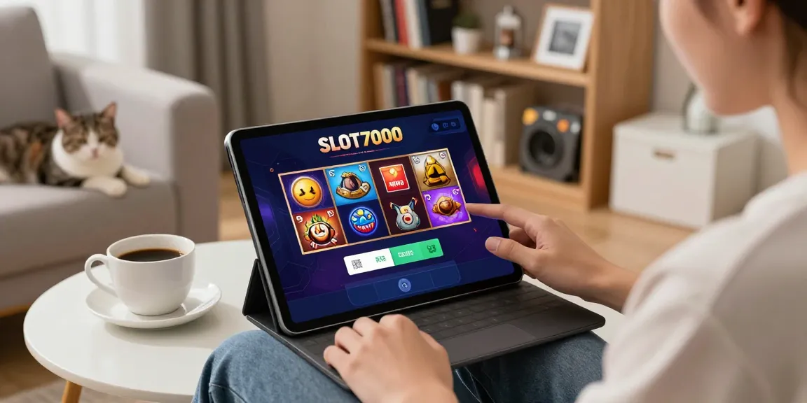 User enjoying SLOT7000 on a tablet in a cozy living room, showcasing modern online gambling and QRIS functionality.