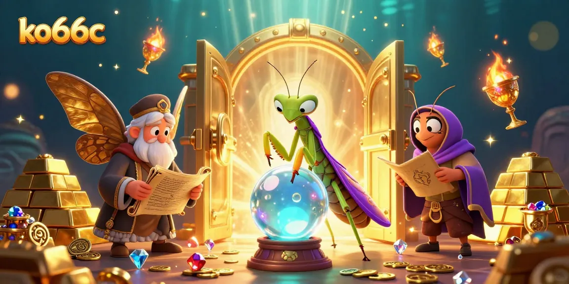 Engage with the vibrant world of ko66cc, featuring a mystical fortune teller surrounded by treasures and oracles.