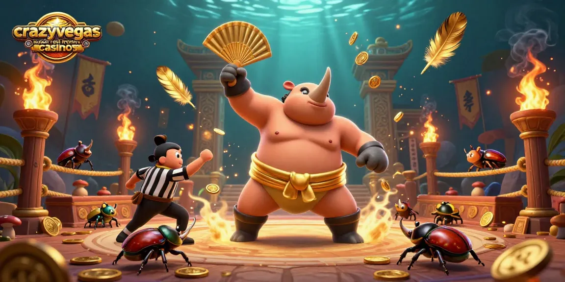 Experience the excitement of crazyvegas aussie real money casinos as a sumo beetle champion wins with flying coins.