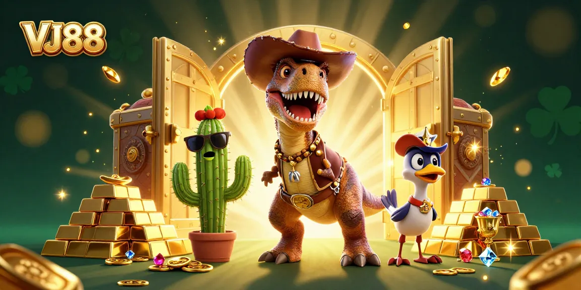 Discover exciting wins with VJ88 in this colorful casino-themed illustration featuring a T-Rex and gold.