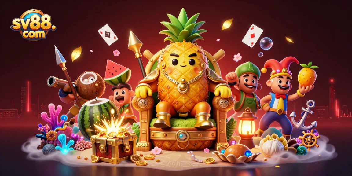 Win big at sv88. com with a golden pineapple king and tropical casino characters in a vibrant 3D scene.