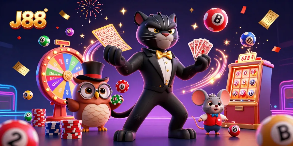 Join the excitement at J88 with a stylish panther dealer and colorful lottery elements.