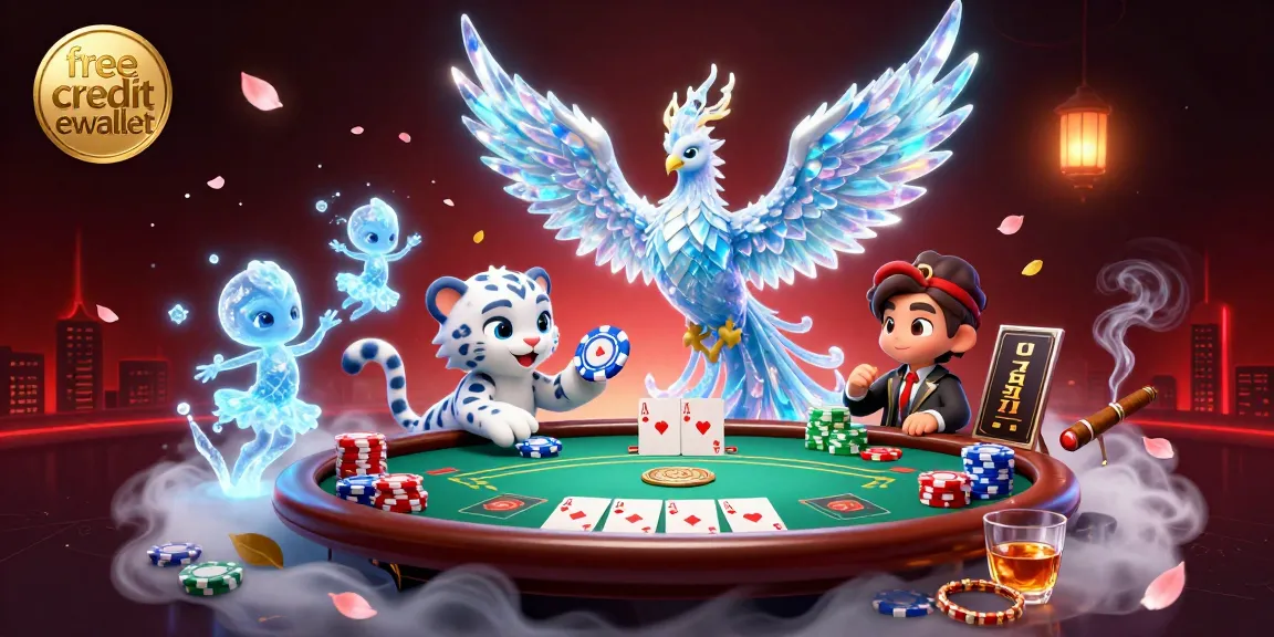 Engage with the exciting free credit ewallet scene featuring an ice phoenix, poker elements, and glowing sprites.