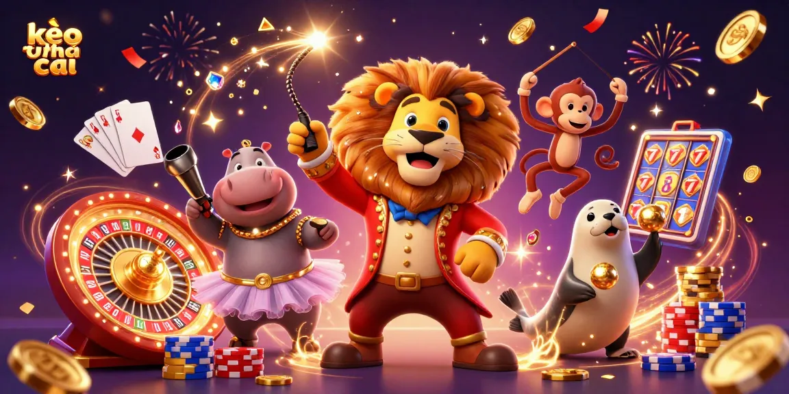 Experience kèo nhà cái with playful circus-themed characters, vibrant casino elements, and dynamic action.