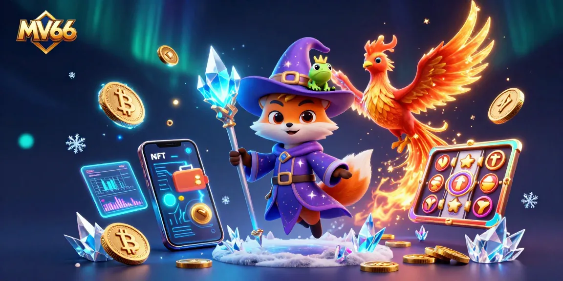 Experience MV66's vibrant gaming world, featuring magical creatures, slot machines, and cryptocurrency elements.