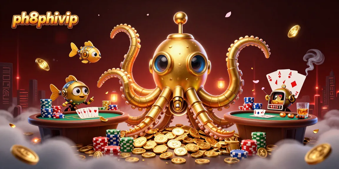 Experience thrilling action in ph8phivip with vibrant poker elements and a golden kraken submarine.