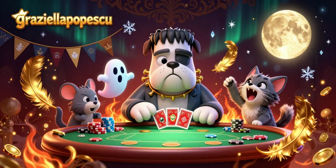 Engage with graziellapopescu at a spooky poker table with animated characters and festive casino elements.